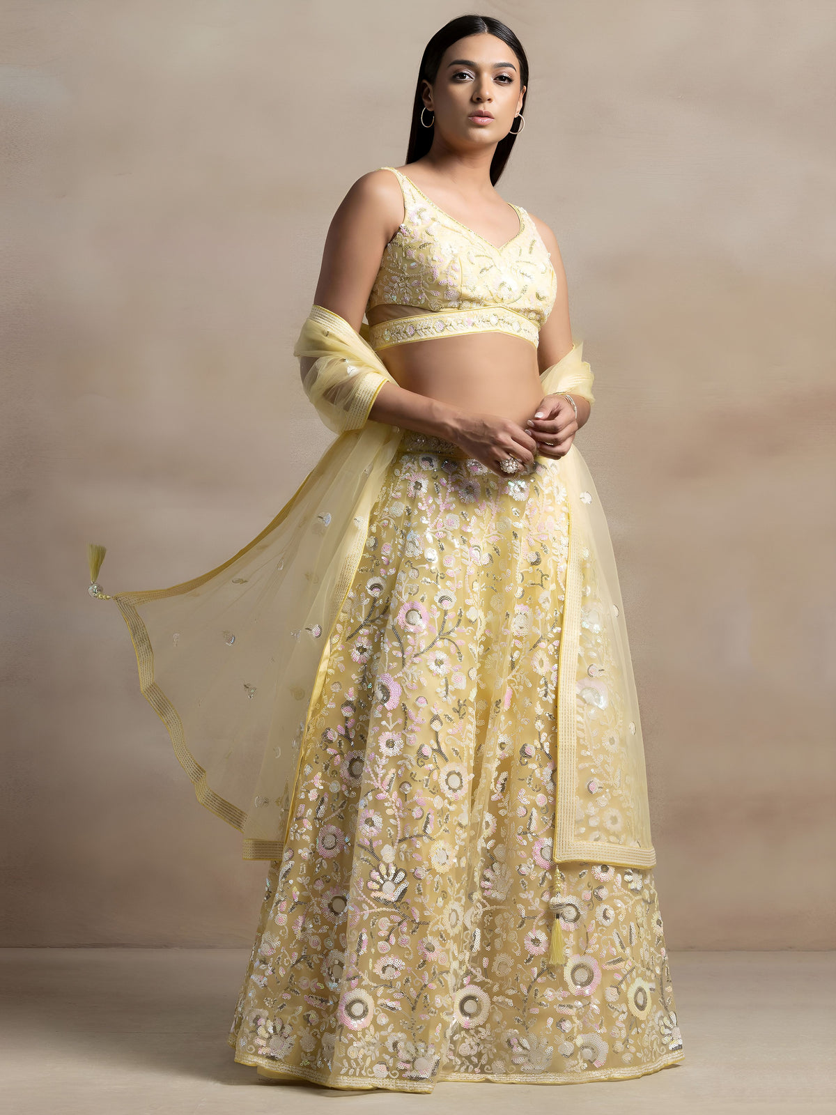Pastel Yellow Floral Embroidered Lehenga Choli with Sheer Dupatta