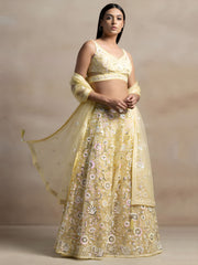 Pastel Yellow Floral Embroidered Lehenga Choli with Sheer Dupatta