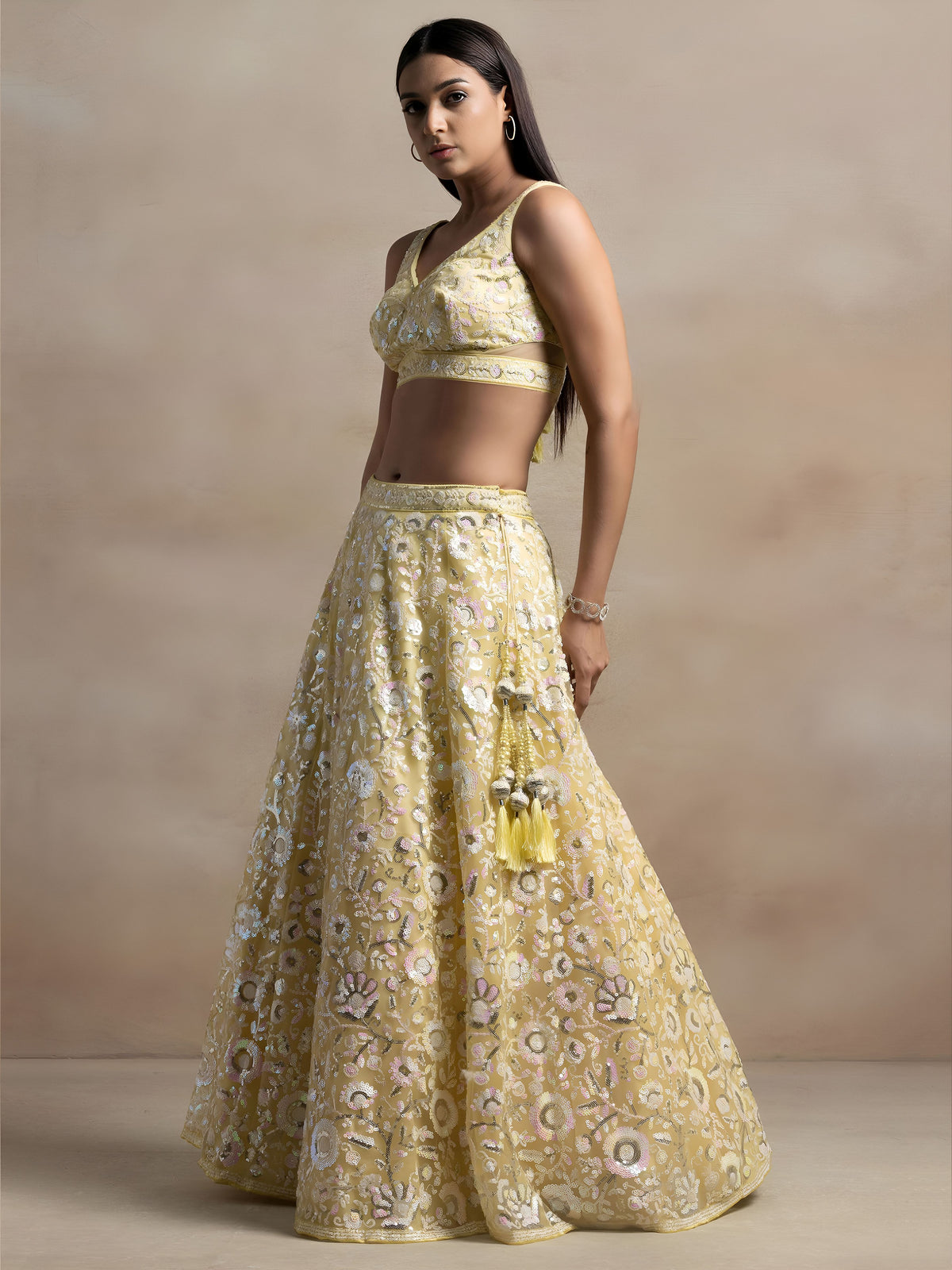 Pastel Yellow Floral Embroidered Lehenga Choli with Sheer Dupatta