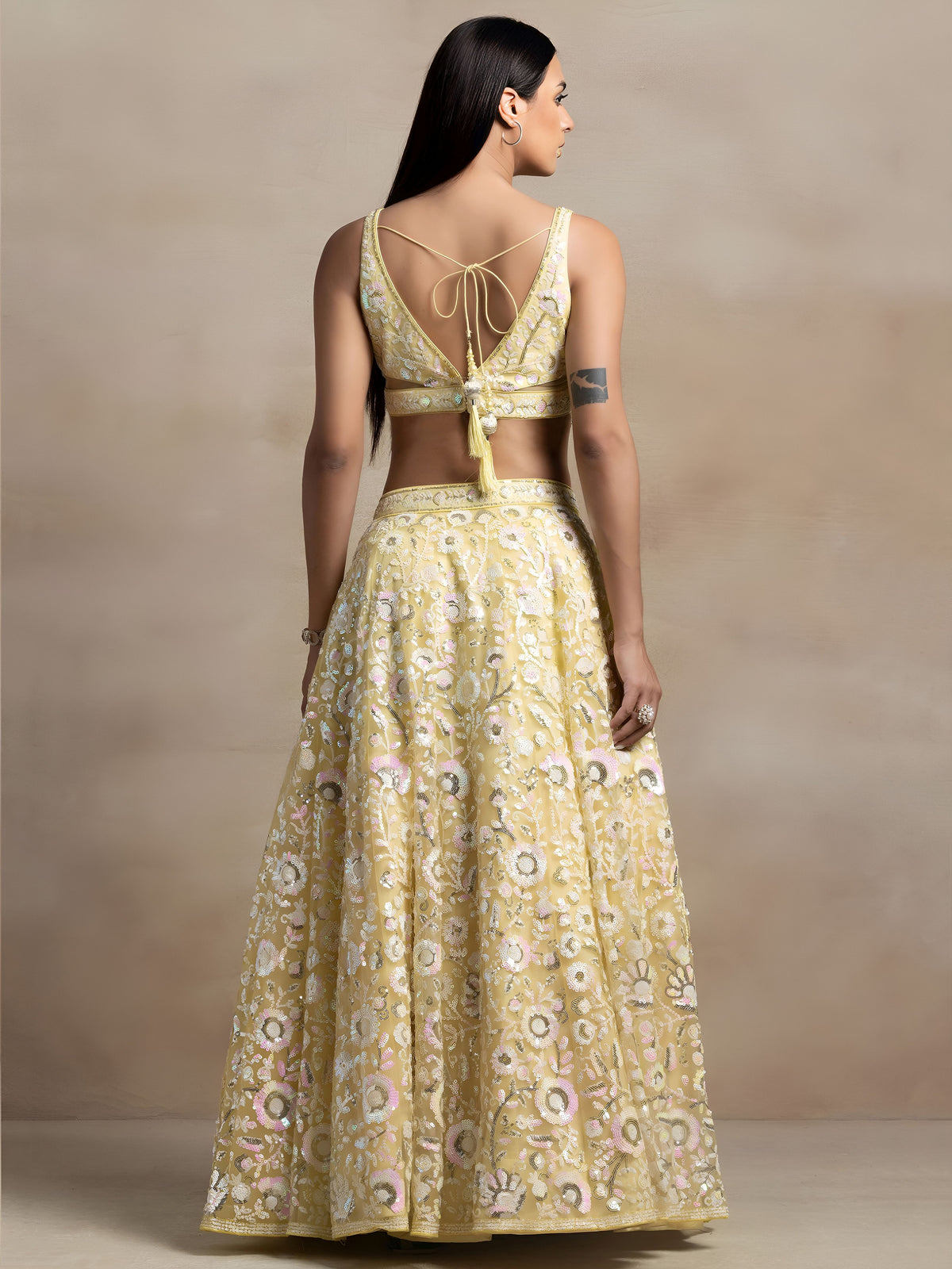 Pastel Yellow Floral Embroidered Lehenga Choli with Sheer Dupatta