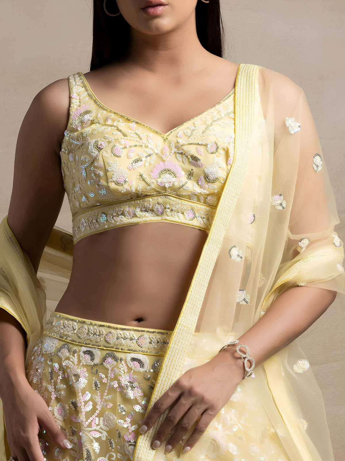 Pastel Yellow Floral Embroidered Lehenga Choli with Sheer Dupatta