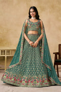 Teal Green Lehenga Choli with Pink Floral Embroidery and Designer Dupatta