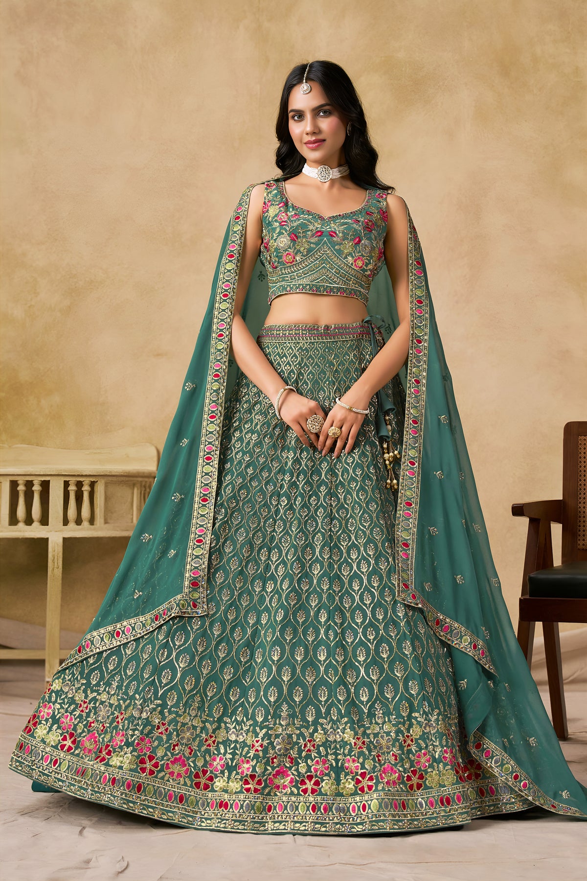 Teal Green Lehenga Choli with Pink Floral Embroidery and Designer Dupatta