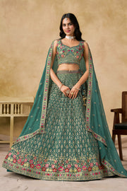 Teal Green Lehenga Choli with Pink Floral Embroidery and Designer Dupatta