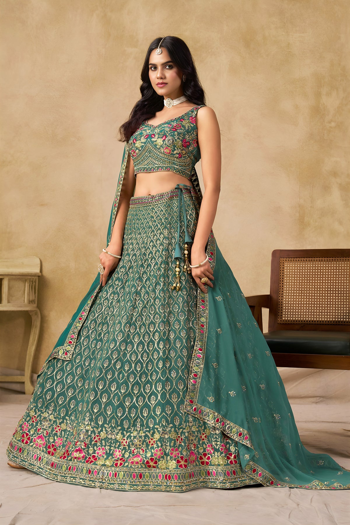 Teal Green Lehenga Choli with Pink Floral Embroidery and Designer Dupatta