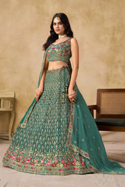 Teal Green Lehenga Choli with Pink Floral Embroidery and Designer Dupatta