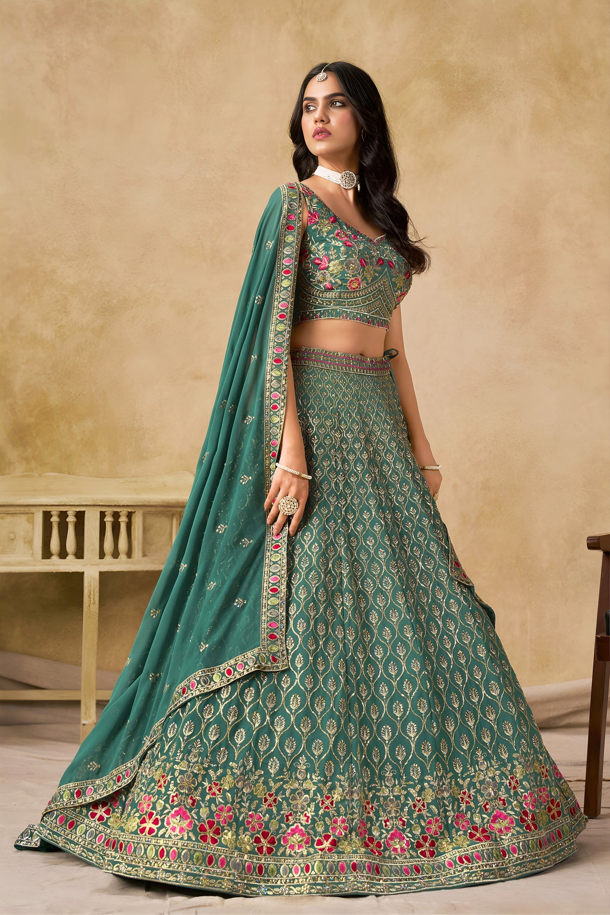 Teal Green Lehenga Choli with Pink Floral Embroidery and Designer Dupatta