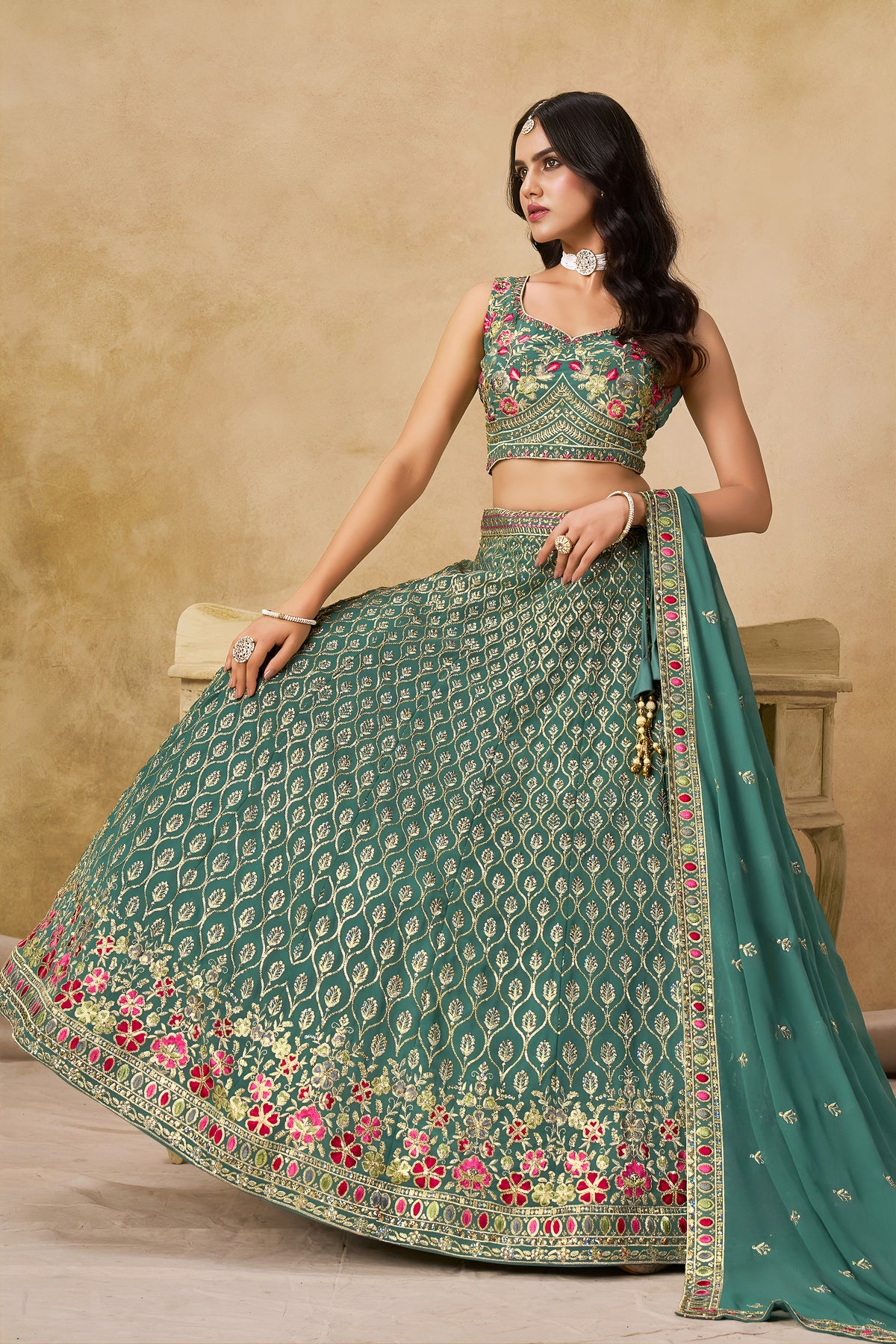 Teal Green Lehenga Choli with Pink Floral Embroidery and Designer Dupatta