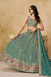 Teal Green Lehenga Choli with Pink Floral Embroidery and Designer Dupatta