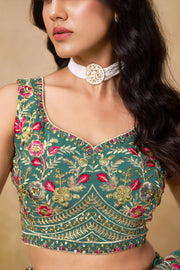Teal Green Lehenga Choli with Pink Floral Embroidery and Designer Dupatta
