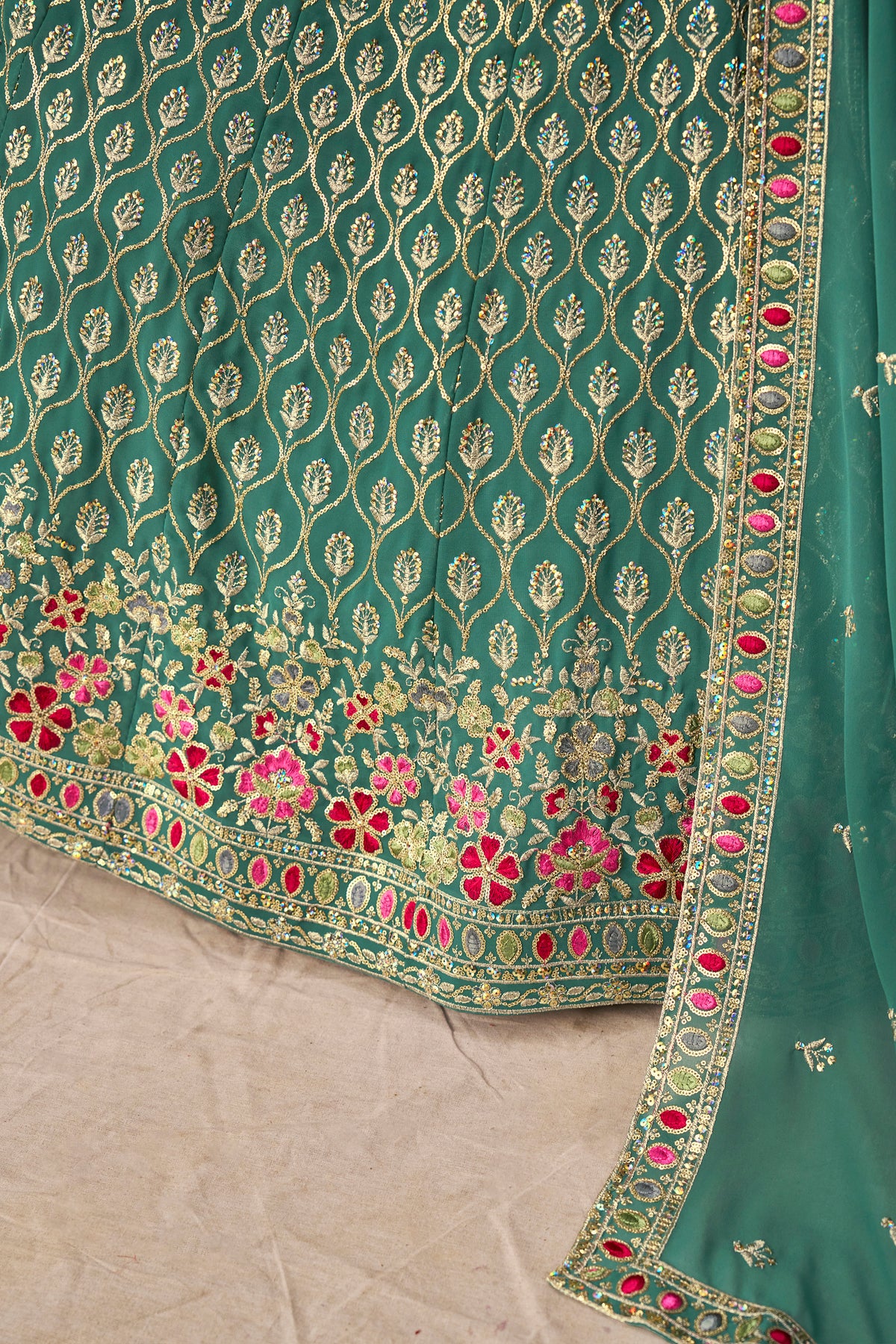 Teal Green Lehenga Choli with Pink Floral Embroidery and Designer Dupatta