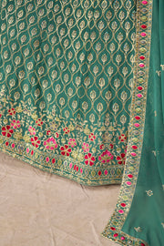 Teal Green Lehenga Choli with Pink Floral Embroidery and Designer Dupatta