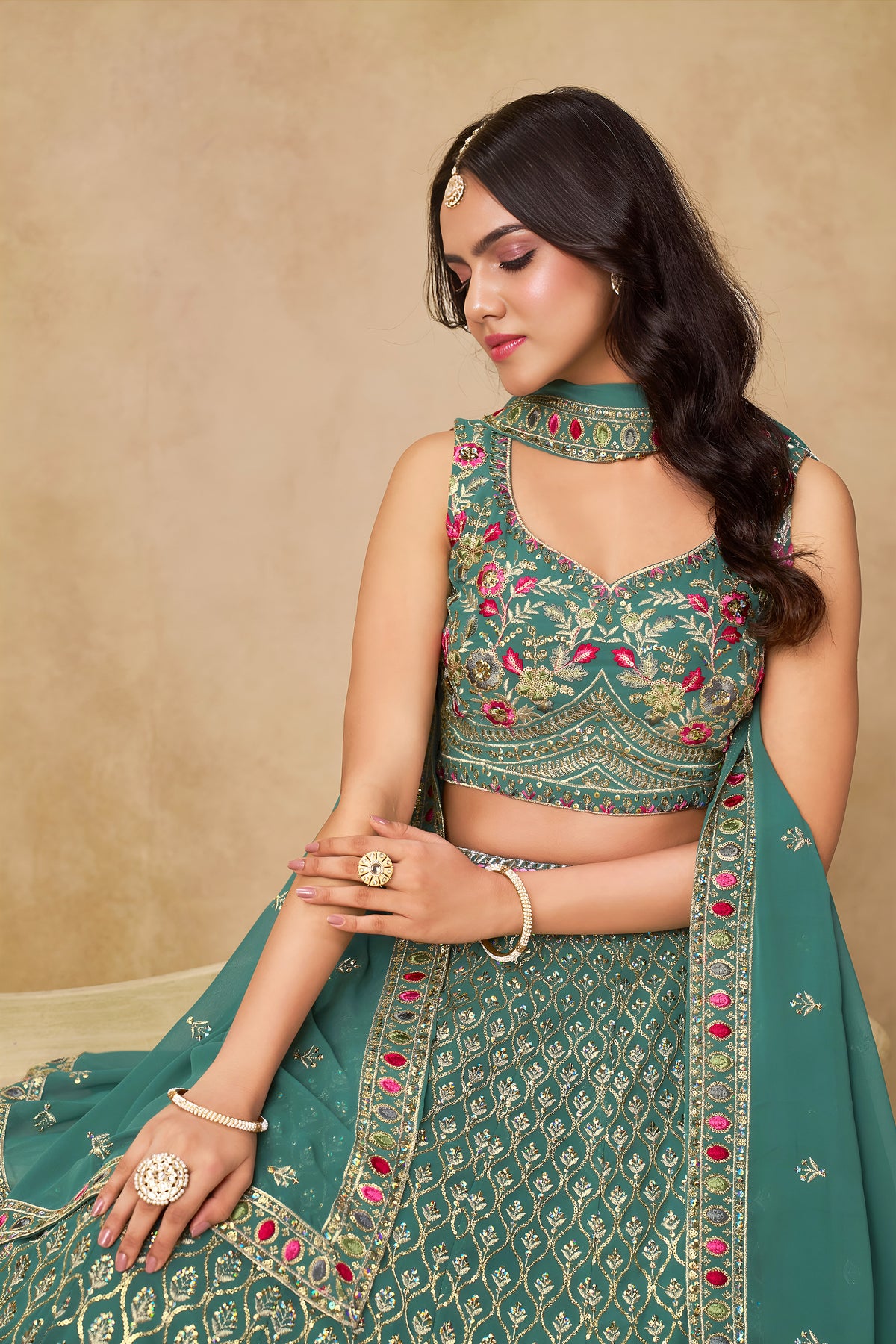 Teal Green Lehenga Choli with Pink Floral Embroidery and Designer Dupatta