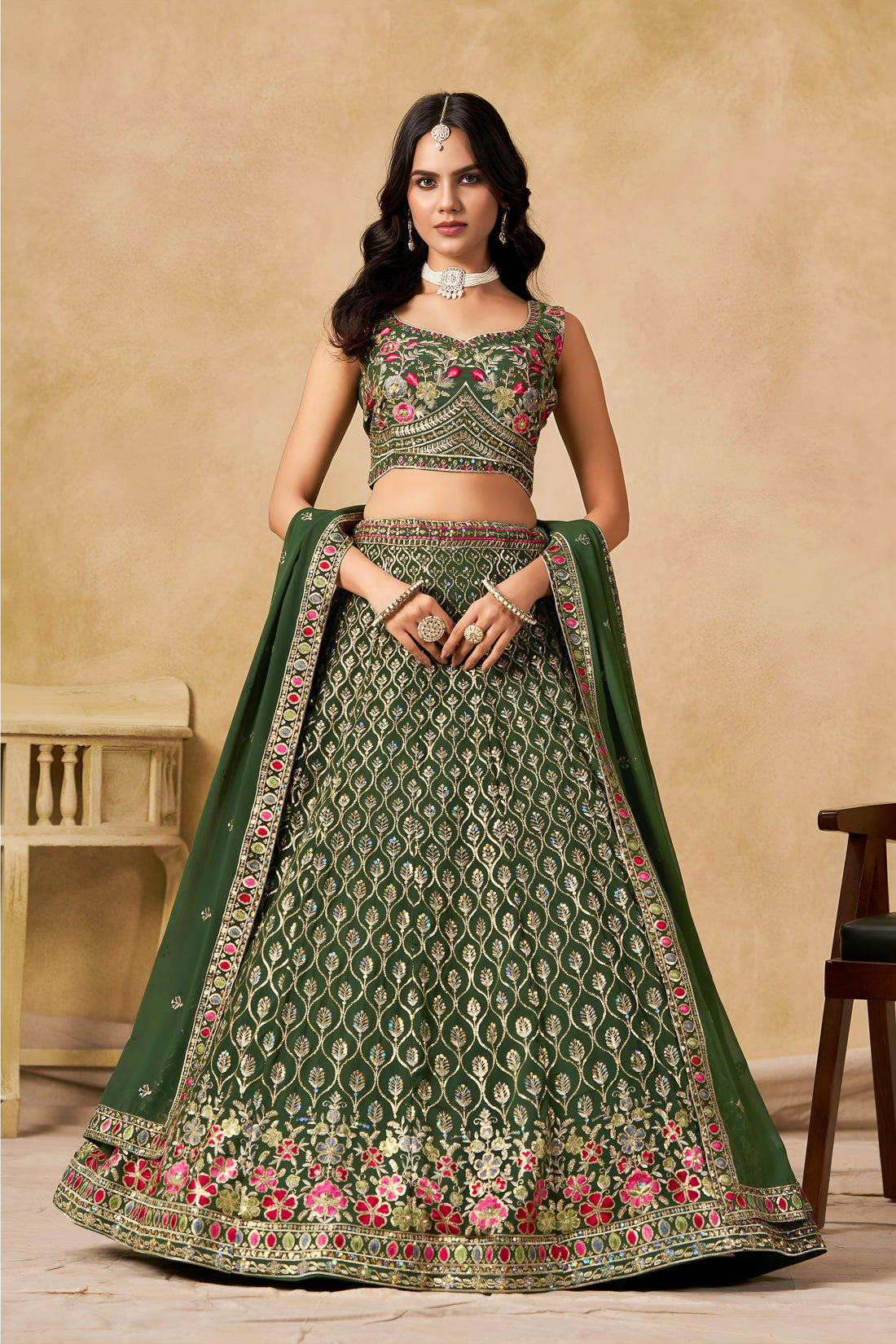 Dark Green Lehenga Choli with Pink Floral Embroidery and Designer Dupatta