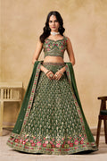Dark Green Lehenga Choli with Pink Floral Embroidery and Designer Dupatta