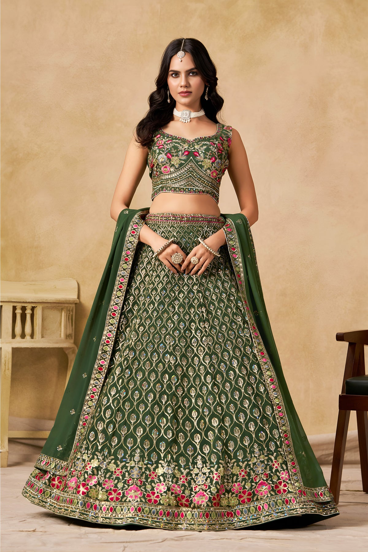 Dark Green Lehenga Choli with Pink Floral Embroidery and Designer Dupatta