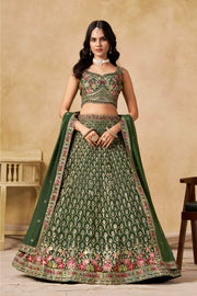 Dark Green Lehenga Choli with Pink Floral Embroidery and Designer Dupatta