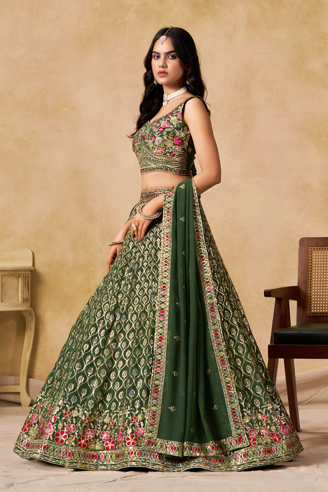 Dark Green Lehenga Choli with Pink Floral Embroidery and Designer Dupatta