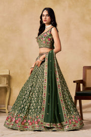 Dark Green Lehenga Choli with Pink Floral Embroidery and Designer Dupatta