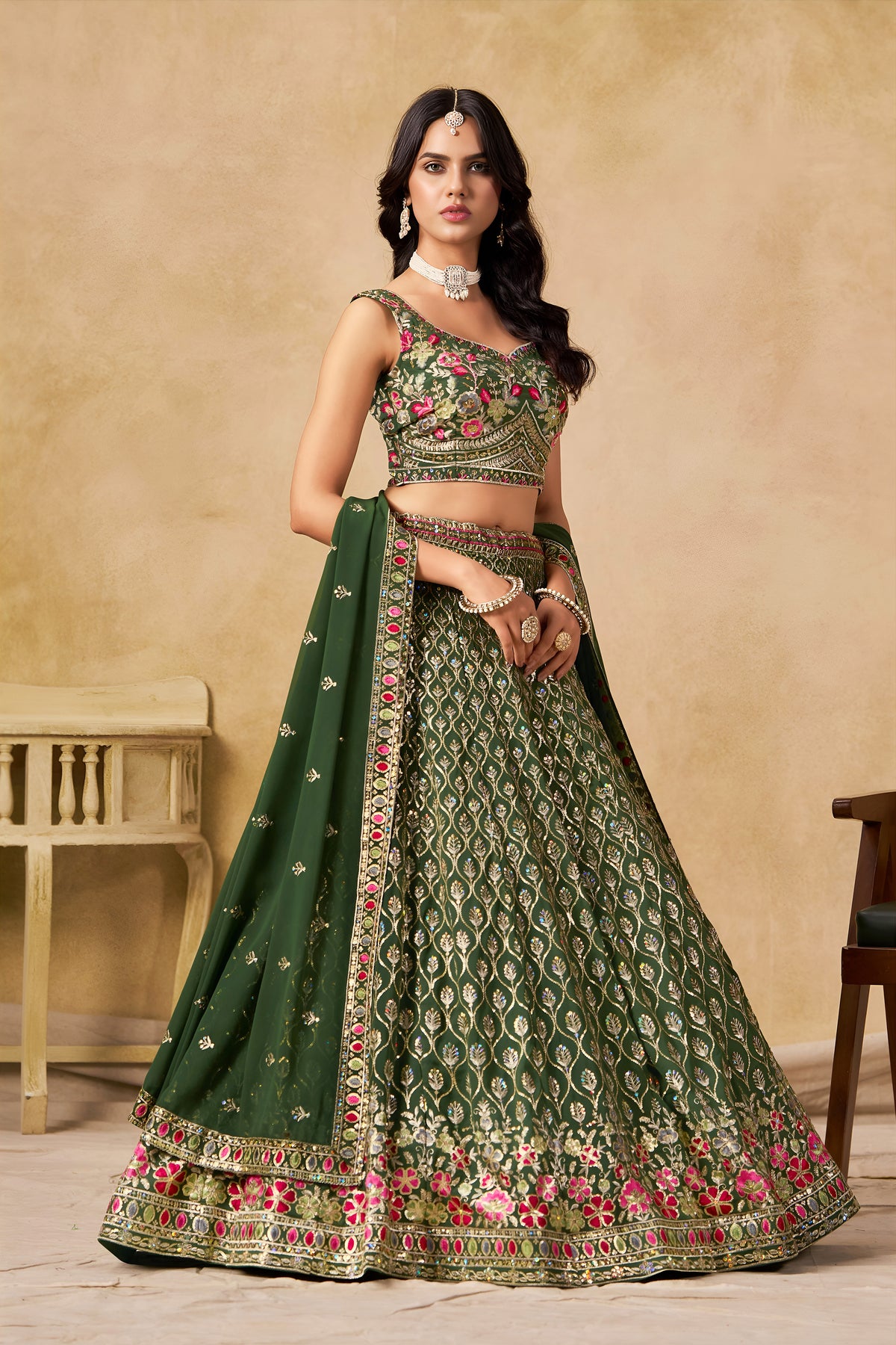 Dark Green Lehenga Choli with Pink Floral Embroidery and Designer Dupatta