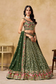 Dark Green Lehenga Choli with Pink Floral Embroidery and Designer Dupatta