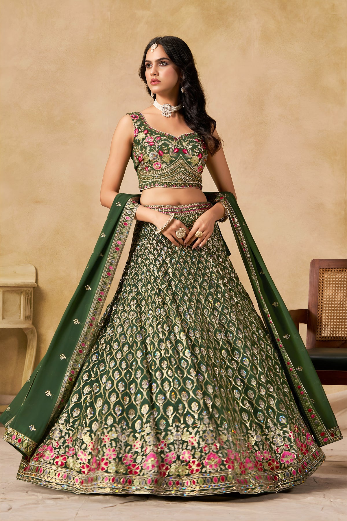 Dark Green Lehenga Choli with Pink Floral Embroidery and Designer Dupatta