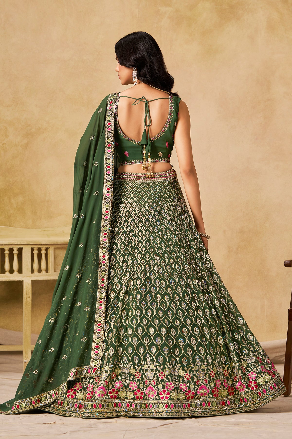 Dark Green Lehenga Choli with Pink Floral Embroidery and Designer Dupatta
