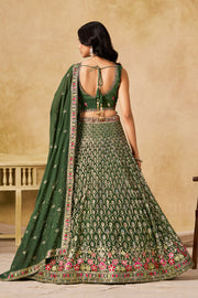 Dark Green Lehenga Choli with Pink Floral Embroidery and Designer Dupatta