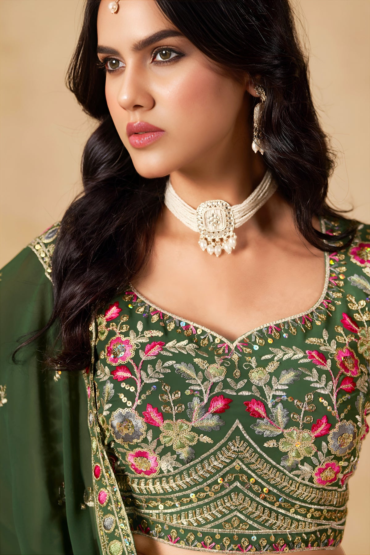 Dark Green Lehenga Choli with Pink Floral Embroidery and Designer Dupatta