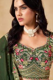 Dark Green Lehenga Choli with Pink Floral Embroidery and Designer Dupatta