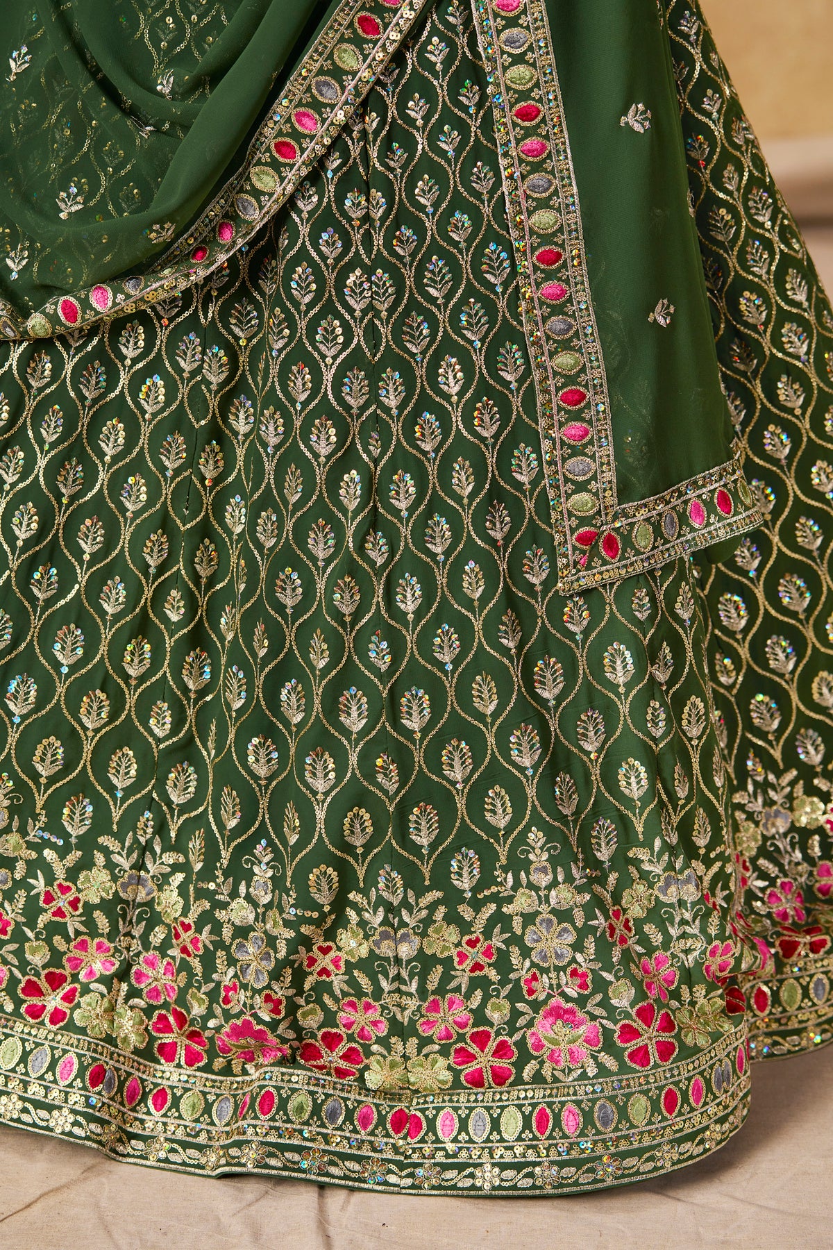 Dark Green Lehenga Choli with Pink Floral Embroidery and Designer Dupatta