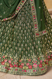 Dark Green Lehenga Choli with Pink Floral Embroidery and Designer Dupatta