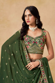 Dark Green Lehenga Choli with Pink Floral Embroidery and Designer Dupatta