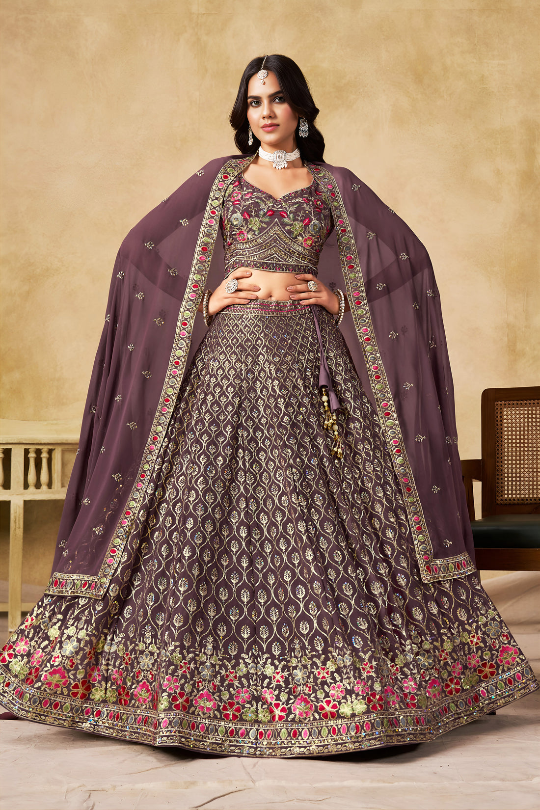 Mauve Purple Lehenga Choli with Pink Floral Embroidery and Designer Dupatta