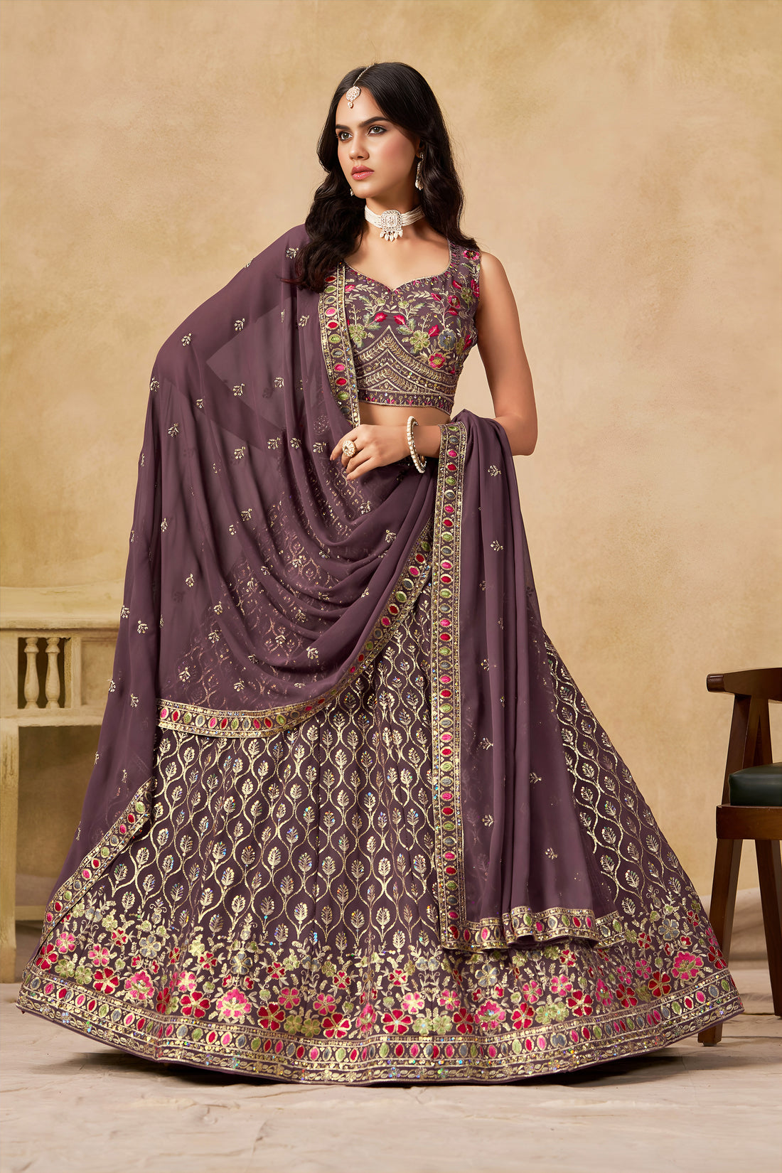 Mauve Purple Lehenga Choli with Pink Floral Embroidery and Designer Dupatta