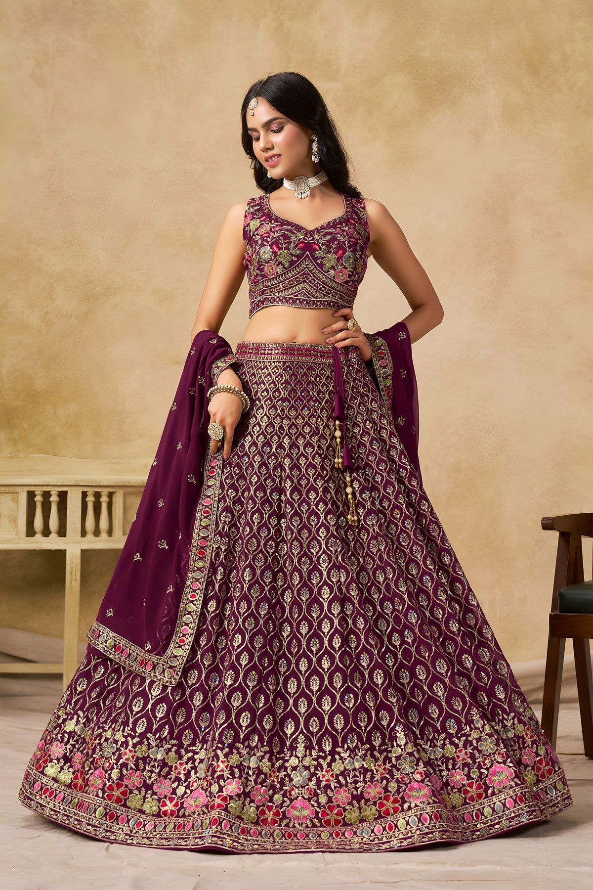 Purple Lehenga Choli with Pink Floral Embroidery and Designer Dupatta