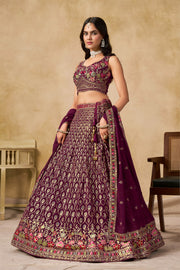 Purple Lehenga Choli with Pink Floral Embroidery and Designer Dupatta