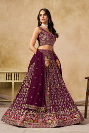 Purple Lehenga Choli with Pink Floral Embroidery and Designer Dupatta