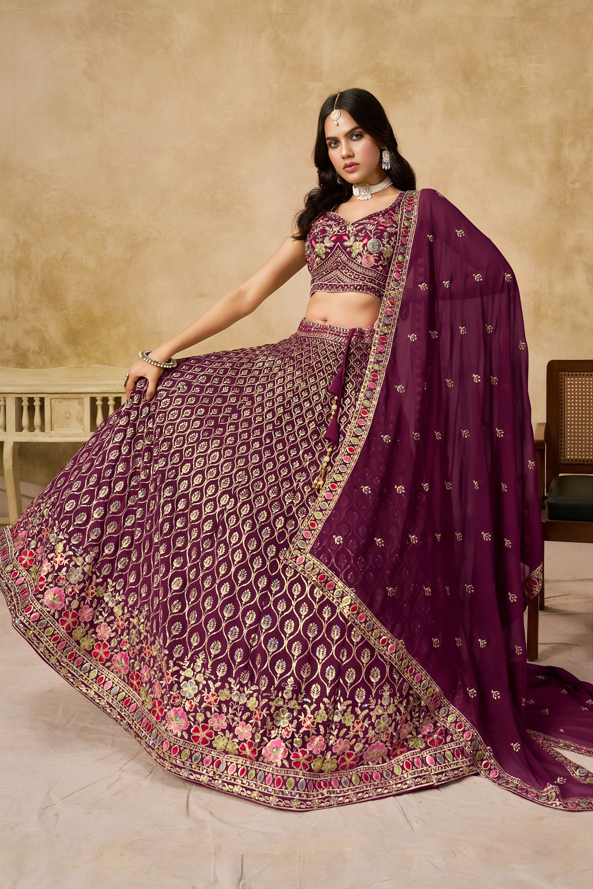 Purple Lehenga Choli with Pink Floral Embroidery and Designer Dupatta
