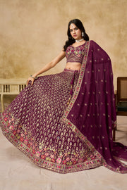 Purple Lehenga Choli with Pink Floral Embroidery and Designer Dupatta
