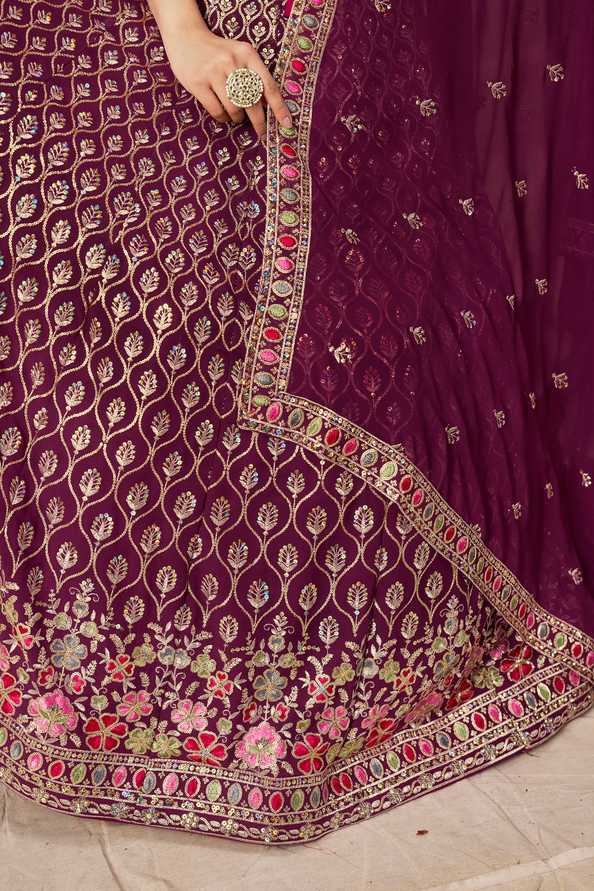 Purple Lehenga Choli with Pink Floral Embroidery and Designer Dupatta