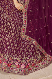 Purple Lehenga Choli with Pink Floral Embroidery and Designer Dupatta