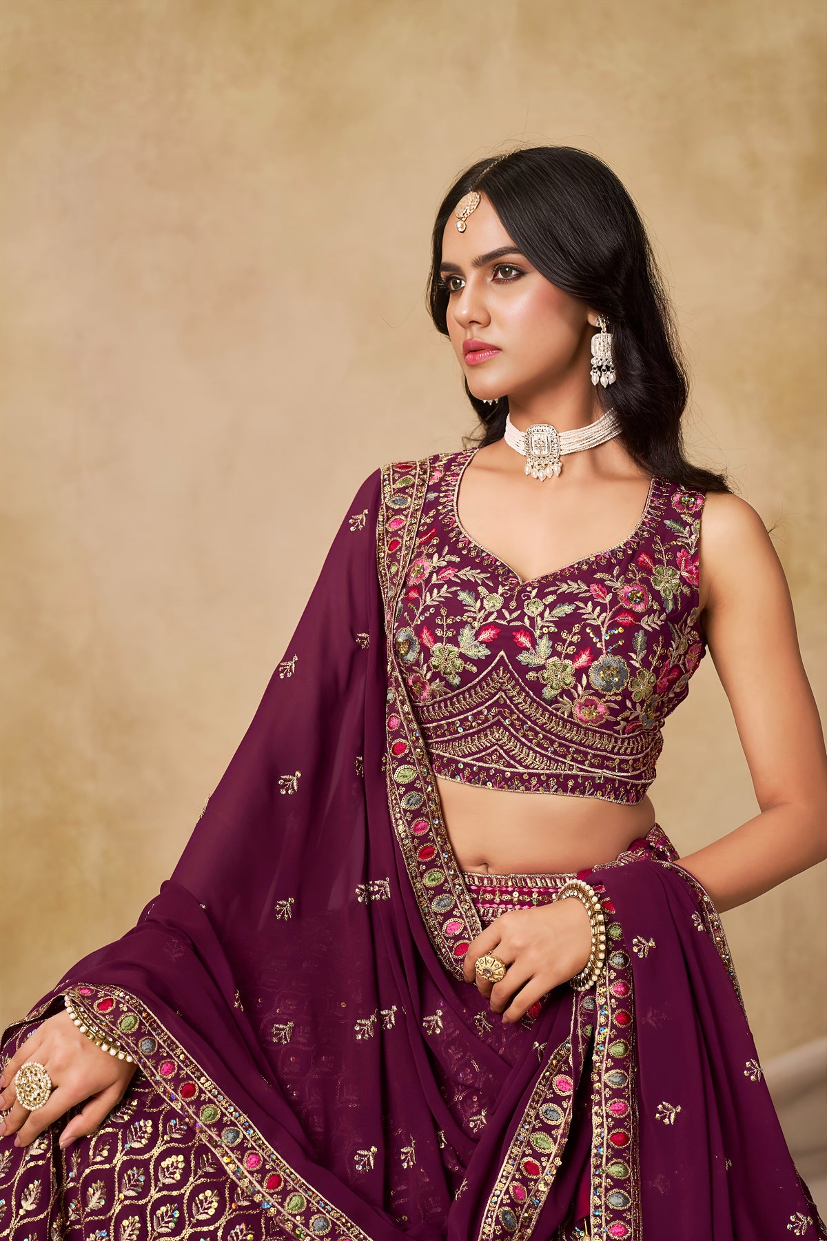 Purple Lehenga Choli with Pink Floral Embroidery and Designer Dupatta