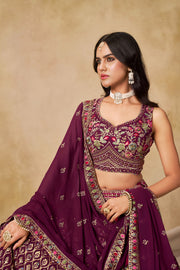 Purple Lehenga Choli with Pink Floral Embroidery and Designer Dupatta