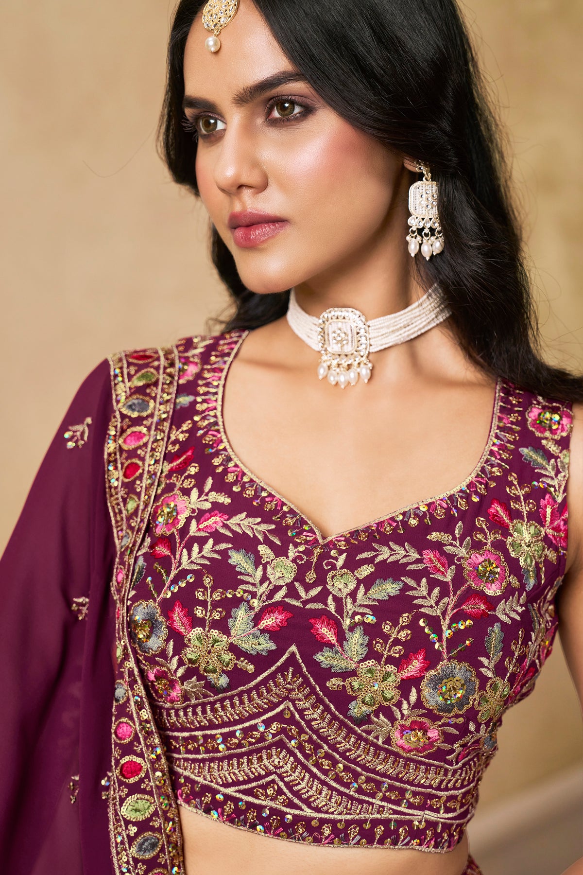 Purple Lehenga Choli with Pink Floral Embroidery and Designer Dupatta