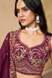 Purple Lehenga Choli with Pink Floral Embroidery and Designer Dupatta