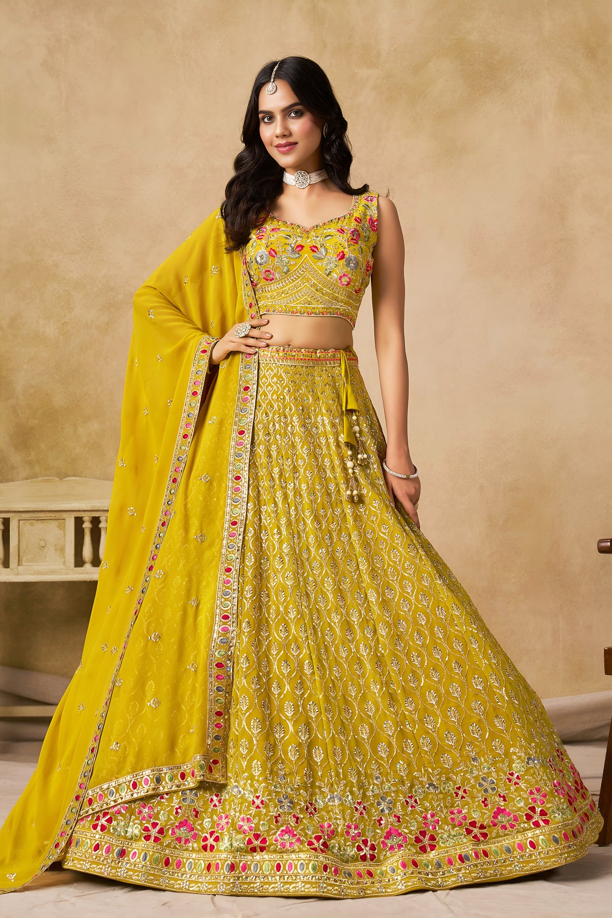 Mustard Yellow Lehenga Choli with Pink Floral Embroidery and Designer Dupatta