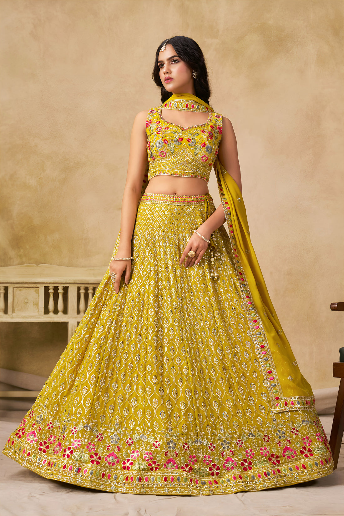 Mustard Yellow Lehenga Choli with Pink Floral Embroidery and Designer Dupatta