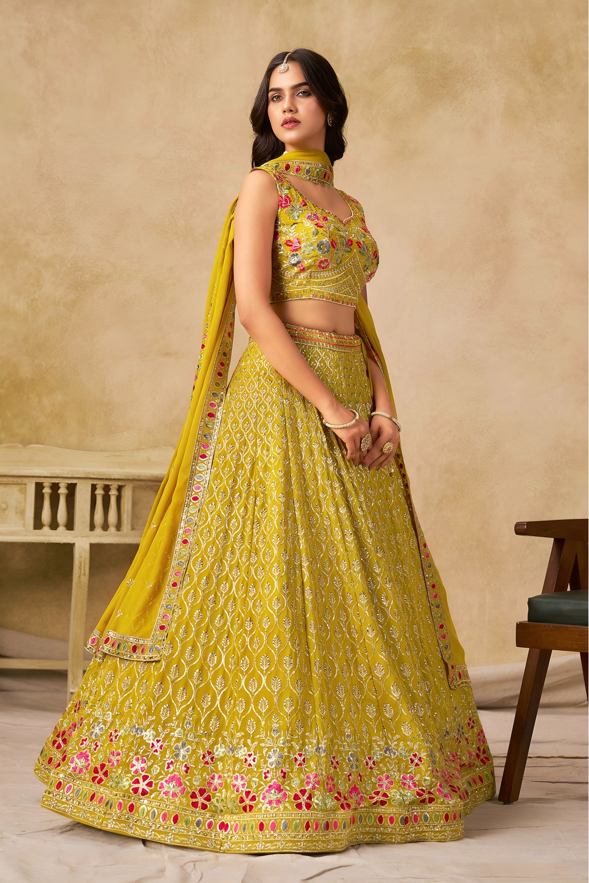 Mustard Yellow Lehenga Choli with Pink Floral Embroidery and Designer Dupatta