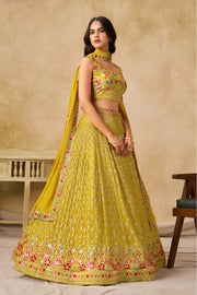 Mustard Yellow Lehenga Choli with Pink Floral Embroidery and Designer Dupatta